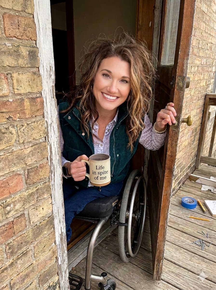 Kristen in doorway holding Life In Spite of Me mug